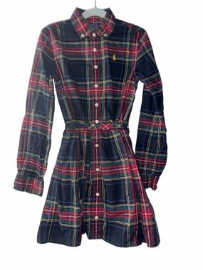 Ralph Lauren Navy, Red & Yellow Plaid Button-Front Shirt Dress Size 10 girls